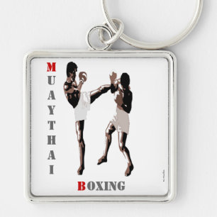 Muay Thai Boxing Keychain Fyrkantig Silverfärgad Nyckelring