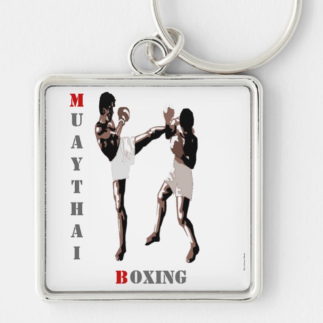 Muay Thai Boxing Keychain Fyrkantig Silverfärgad Nyckelring (Framsidan)