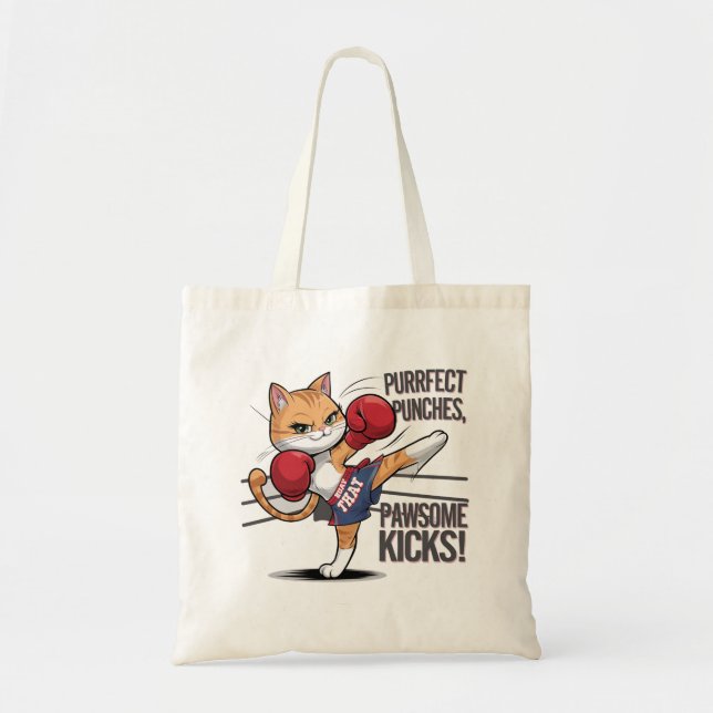 Muay Thai Cute Boxing and Kicking Cat Tote Bag Tygkasse (Framsidan)