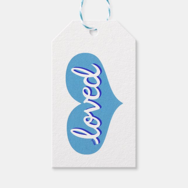 MUCH LOVED - adopterad - Blue kärlek-hjärta Presentetikett (Framsidan)
