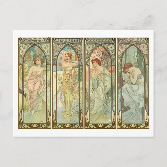 Mucha, Årstiderna, Art Nouveau Vykort (Framsida)
