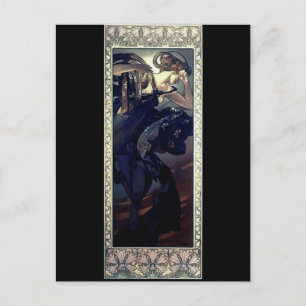 Mucha art deco nattstjärna, svart klänningskvinna vykort