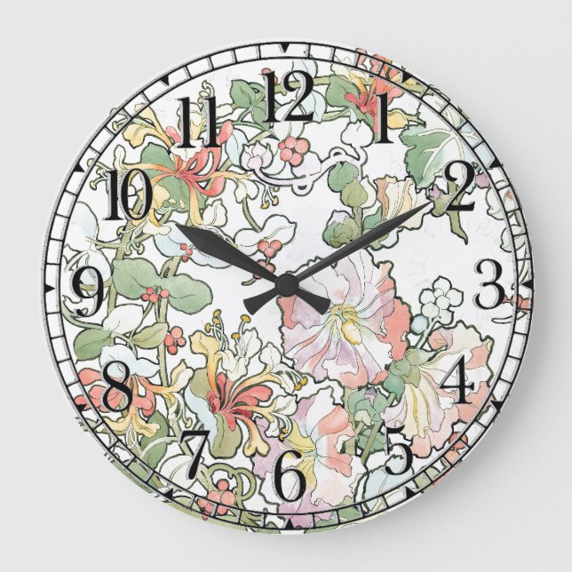 Mucha Art nouveau Hollyhock Flowers Wall Clock Stor Klocka (Framsida)