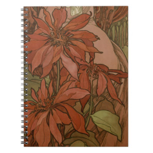Mucha Art Nouveau Röd Poinsettia Blommönster Anteckningsbok
