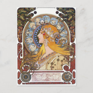 MUcha Art nouveau vykort - Zodiac - La Plume