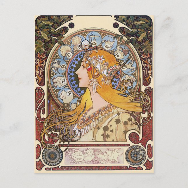 MUcha Art nouveau vykort - Zodiac - La Plume (Framsida)