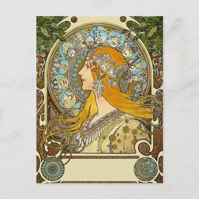 MUcha Art nouveau vykort - Zodiac - La Plume (Framsida)