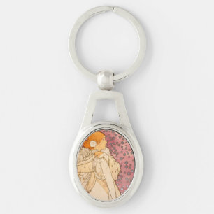 Mucha Art nouveau Woman Beauty Ovalt Silverfärgad Nyckelring