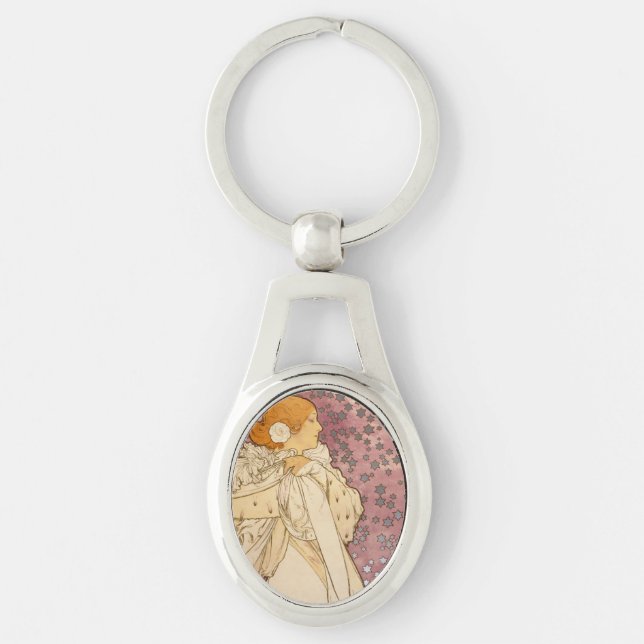 Mucha Art nouveau Woman Beauty Ovalt Silverfärgad Nyckelring (Framsidan)