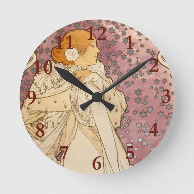 Mucha Art nouveau Woman Beauty Rund Klocka (Framsida)