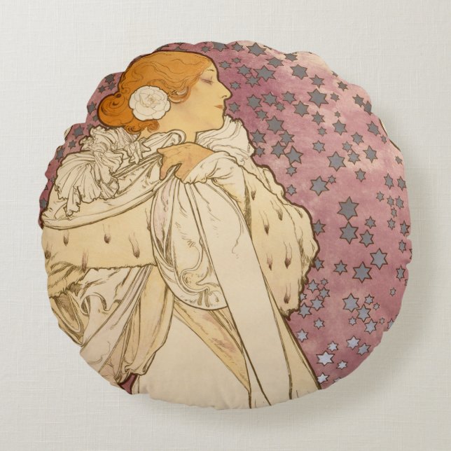 Mucha Art nouveau Woman Beauty Rund Kudde (Framsidan)