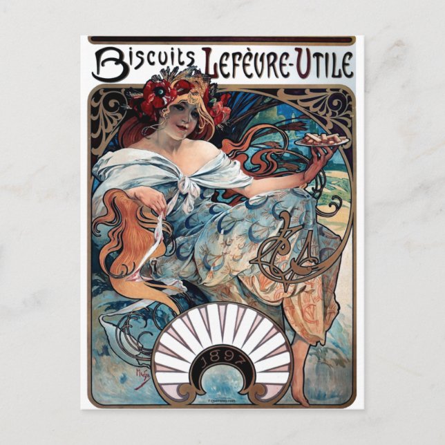Mucha biscuits Lefevre utile 1897 Annons Vykort (Framsida)
