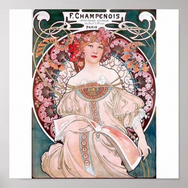Mucha champenois paris rosa dess adress poster (Framsidan)