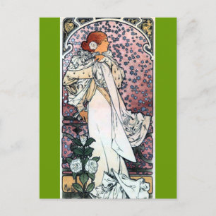 Mucha dam med camelias som art nouveau vykort