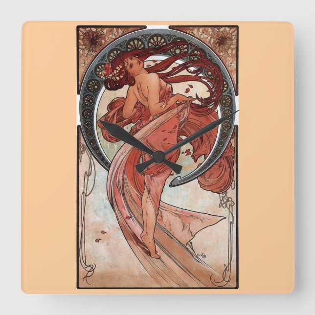 Mucha Dance Art Deco Fyrkantig Klocka (Framsida)
