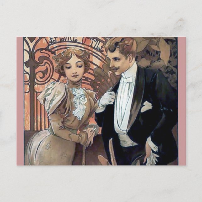 Mucha flirt-kvinnans romantiske kärlek vykort (Framsida)