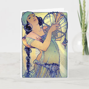 Mucha gypsy tambourine-dansmusikkvinna kort