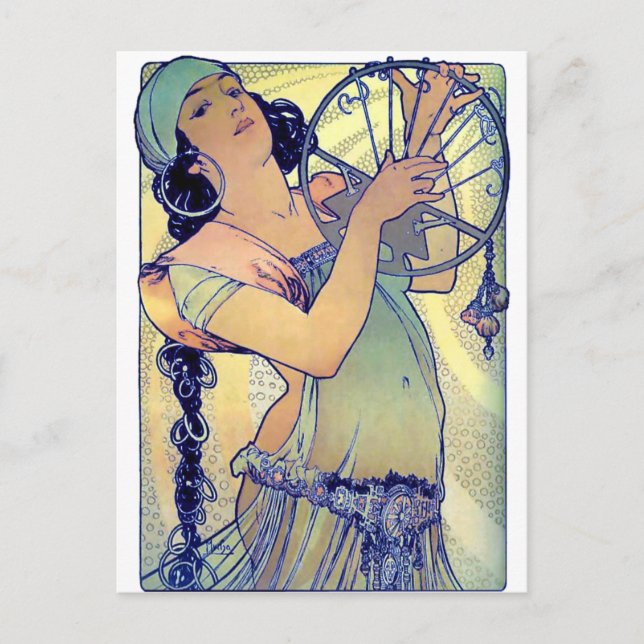 Mucha gypsy tambourine-dansmusikkvinna vykort (Framsida)