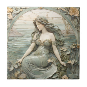 Mucha inspo Sjöjungfru Art nouveau Faux Relief L M Kakelplatta