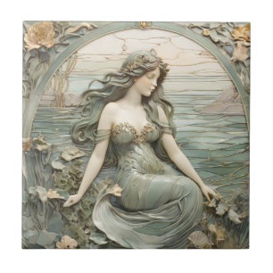 Mucha inspo Sjöjungfru Art nouveau Faux Relief R M Kakelplatta