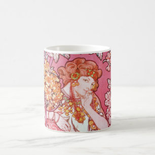 Mucha kvinna bland blommaart nouveaumuggen kaffemugg