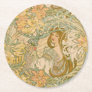 Mucha Lilies Art Nouveau Blommornas språk Underlägg Papper Rund