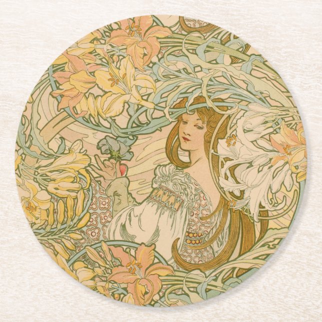 Mucha Lilies Art nouveau-blommornas språk Underlägg Papper Rund (Framsidan)