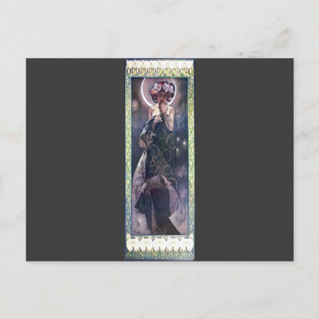 Mucha Måne Night Woman Art nouveau Deco Vykort (Framsida)