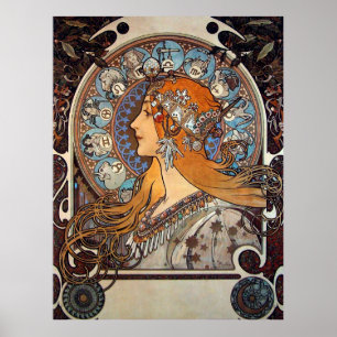Mucha Retro Art nouveau Woman Vintage Zodiac Pluma Poster