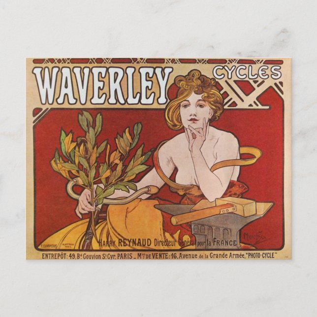 Mucha ~ Waverley Cycles 1898 Vykort (Framsida)
