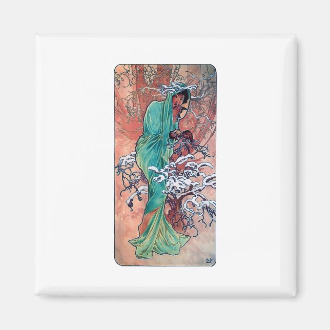Mucha Winter art nouveau dam sparvar (fåglar) Magnet (Framsidan)