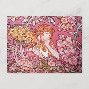 Mucha Woman bland Blommor Art nouveau vykort