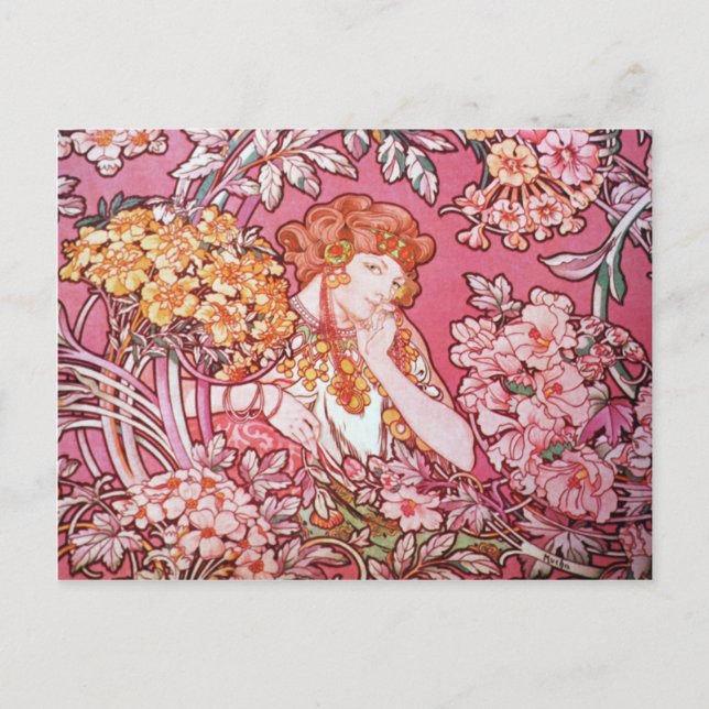 Mucha Woman bland Blommor Art nouveau vykort (Framsida)
