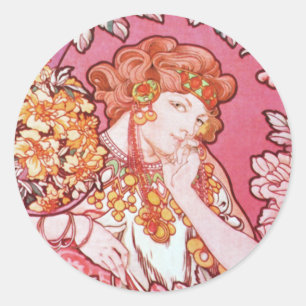 Mucha Woman bland Flowers Art nouveau Stickers Runt Klistermärke