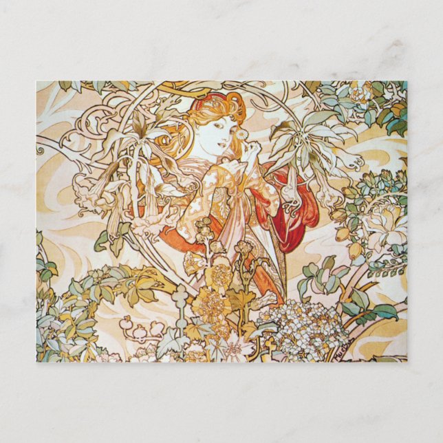 Mucha Woman med vykort för Daisy Art nouveau (Framsida)
