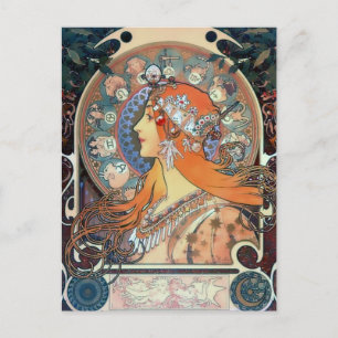 Mucha Zodiac Woman Art Deco Vintage Art Dam Vykort