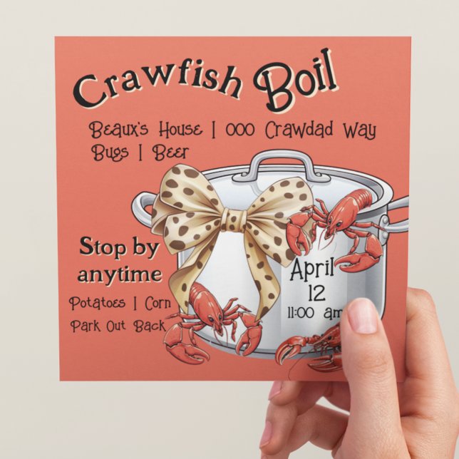 Mudbug Boiling Pot med Bow och Kräftor Party Julkort (Crawfish and coquette leopard bow on a boiling pot customizable party invitation. )