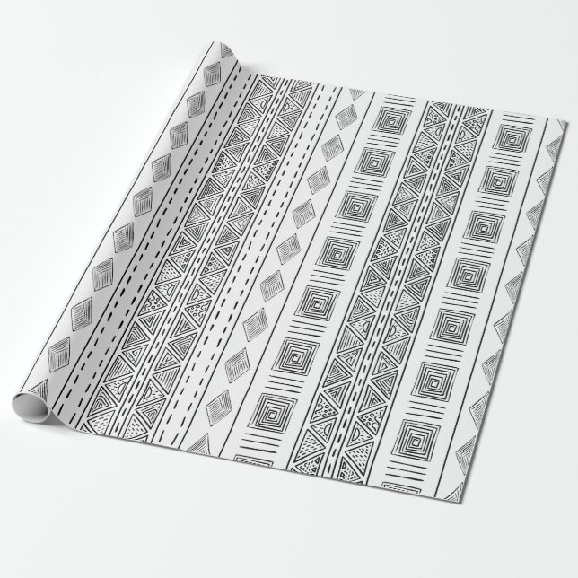Mudcloth Inspired Tribal White Geometric Mönster Presentpapper (Utrullad)