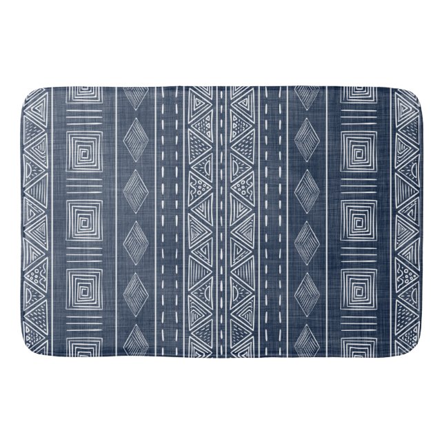 Mudcloth Stil Navy Blue and White Tribal Mönster Badrumsmatta (Framsidan)