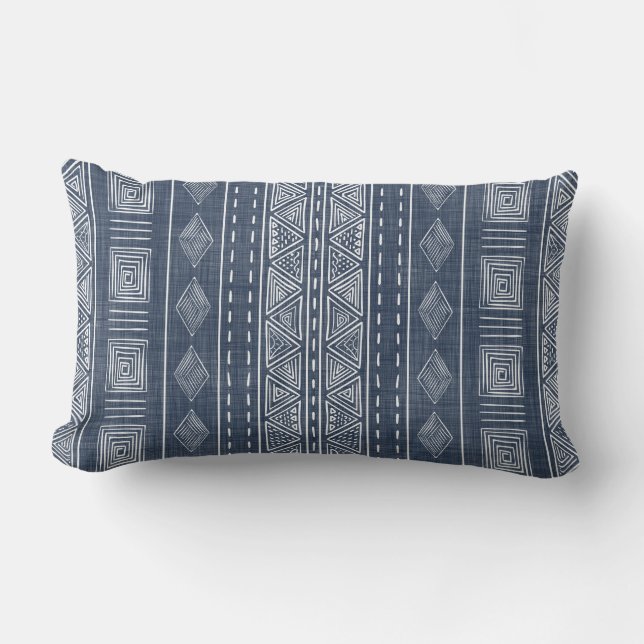 Mudcloth Stil Navy Blue and White Tribal Mönster Lumbarkudde (Framsida)