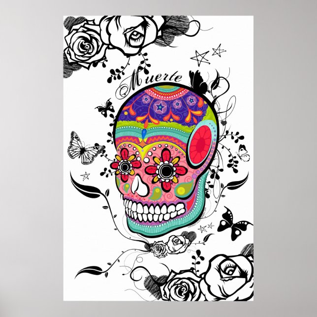 Muerte Artistic Sugar Skull, Ro och blommor Poster (Framsidan)