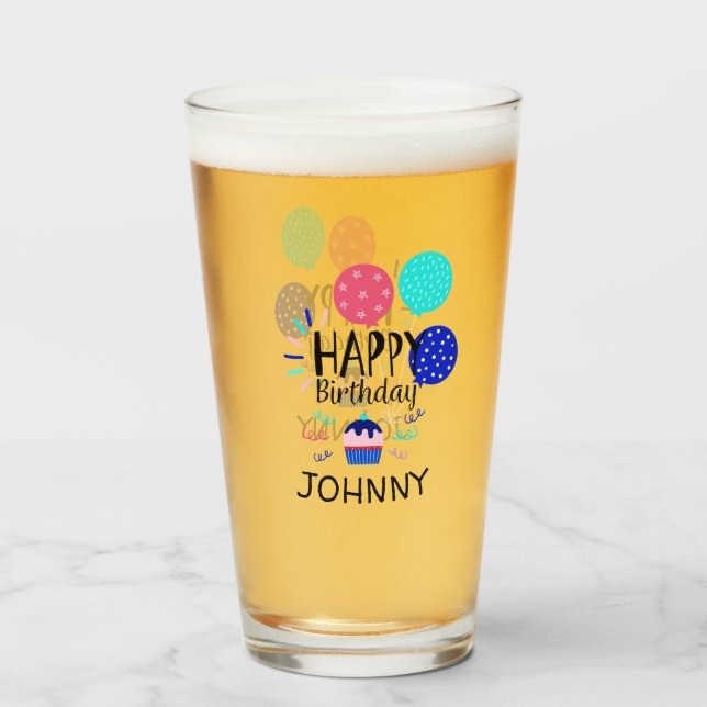 Muffin- & ballonggrattis på födelsedagentext - glaskopp (Framsida fylld)