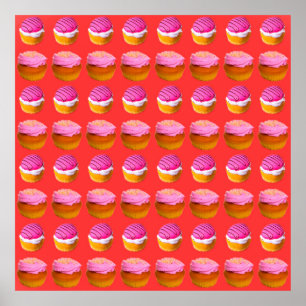 Muffins, muffinsar med vit och rosa kräm på en r poster