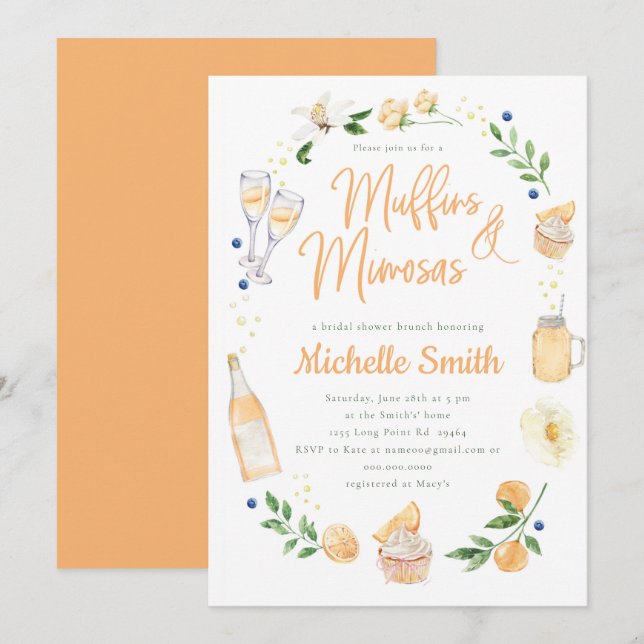 Muffins och Mimosas Möhippa Brunch Party Inbjudningar (Fram/baksida)