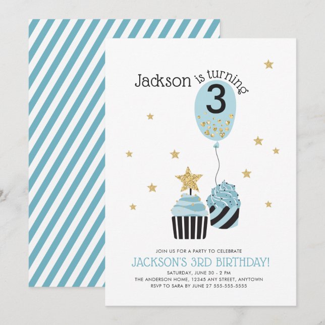 Muffinsar & Balloon Faux Glitter Boy's Birthday Inbjudningar (Fram/baksida)