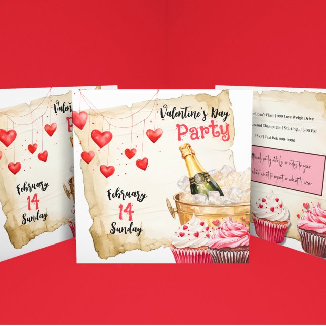 Muffinsar och Champagne Alla hjärtans dag Party Inbjudningar (Cupcakes and Champagne Valentines Day party invite with red hearts and cute cakes. )