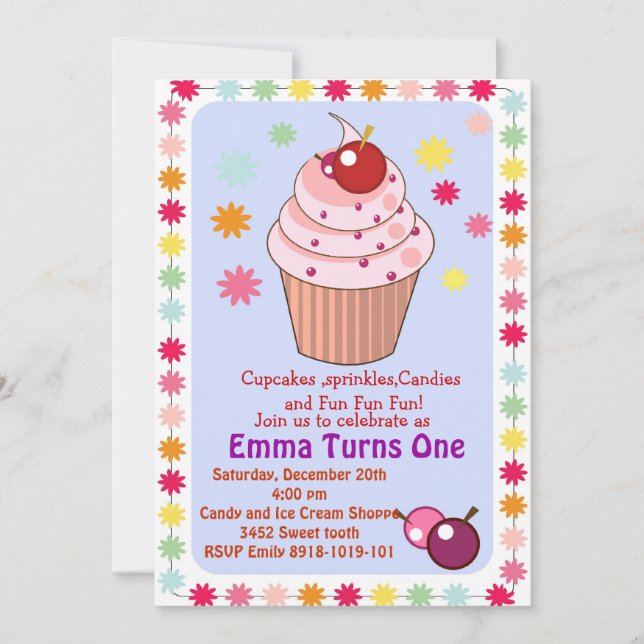 muffinsar och sprinkler födelsedagsfest inbjudan (Framsida)
