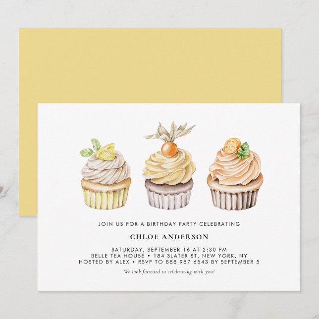 Muffinsarna Watercolor Berry och Citrus Birthday Inbjudningar (Fram/baksida)