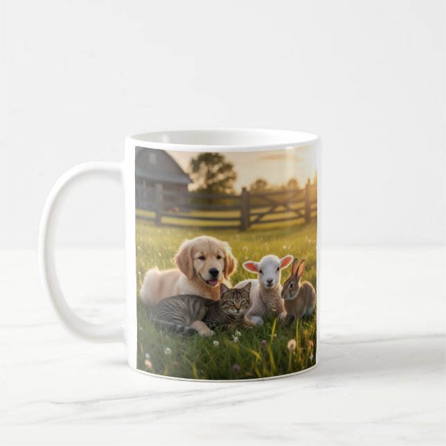Mug Cute pets group, Golden Retriever and cat. Kaffemugg (Vänster)
