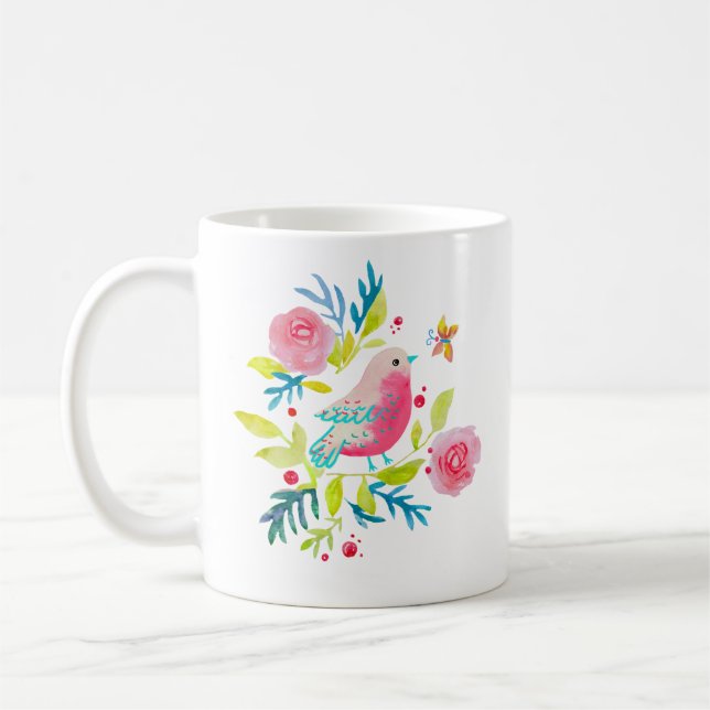 Mug Cute pink bird on a branch. Kaffemugg (Vänster)